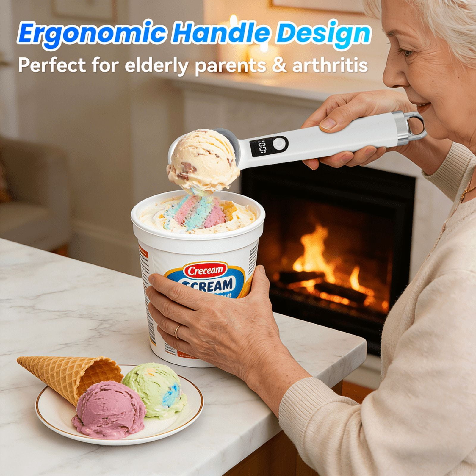 Netraty 7 inch Heated Ice Cream Scoop Rechargeable, Electric Warming Ice Cream Scooper with LED Display, Heats to 158°F for Hard Ice Cream, Easy for Seniors & Kids