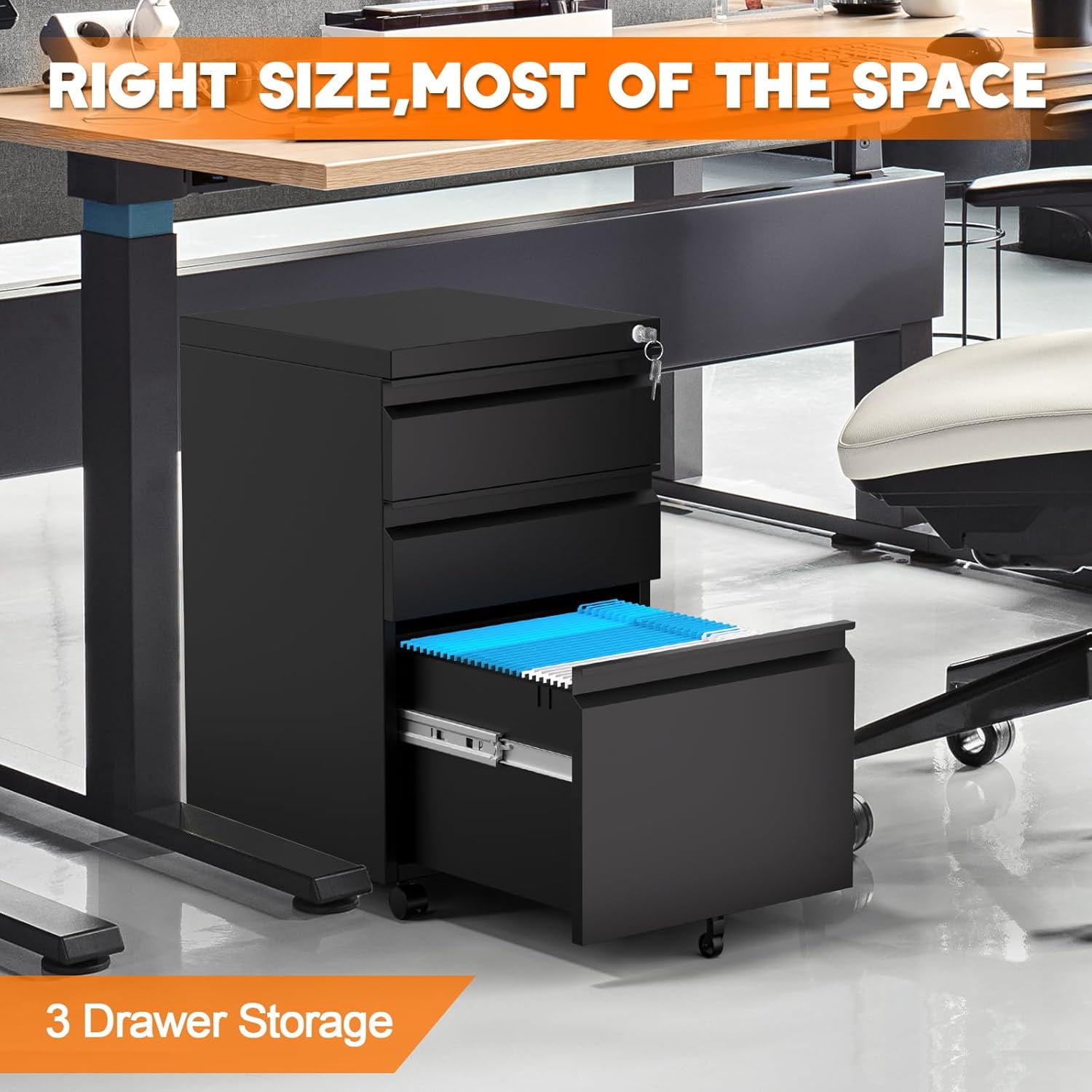 3 Drawer Metal File Cabinet with Lock&Wheels, Office Lateral Filing Cabinets with Hanging Letter/Legal/A4 Folders for Home, Office, Assembly Required, Black,