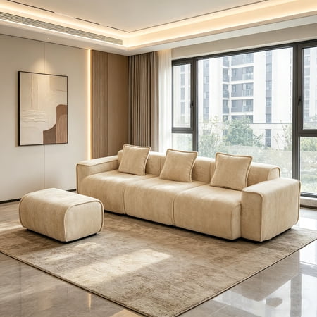 AUU Streamlined Design Modular 3-Seat L Shape Sectional Sofa with French Edge Piping, No Assembly Required, Velvet Fabric Couch with Throw Pillows and Movable Ottoman