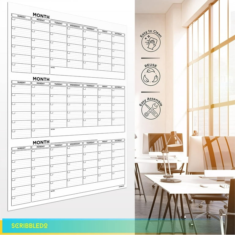 Large 36"x48" Quarterly White Board Calendar Dry Erase Calendar For Wall 3 Month Big Dry Erase Wall Calendar Monthly Dry Erase Board Planner Includes 6 Markers Eraser Push Pins