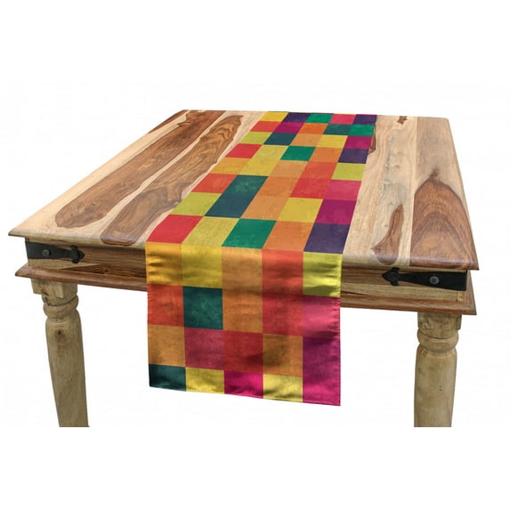 Abstract Table Runner, Vintage Geometric Style Pattern with Colorful Grunge Design Squares Graphic, Dining Room Kitchen Rectangular Runner, 3 Sizes, by Ambesonne