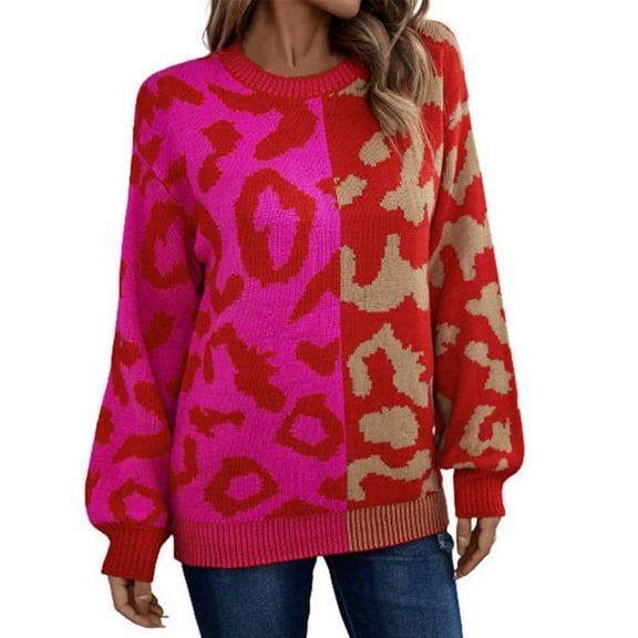 Aoochasliy Womens Sweaters Pullover Leopard Printing Cardigan Long Sleeve Splicing Knit Round Neck Tops