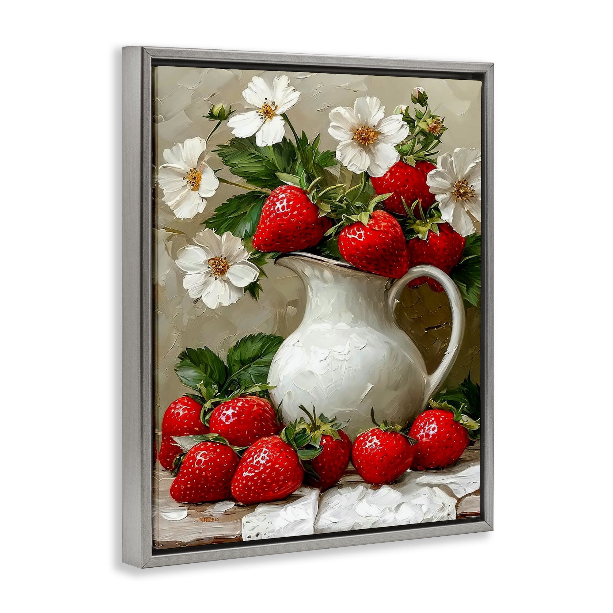 Painterly Strawberries Still Life Gray Framed Floater Canvas Wall Art, design by Lettered and Lined