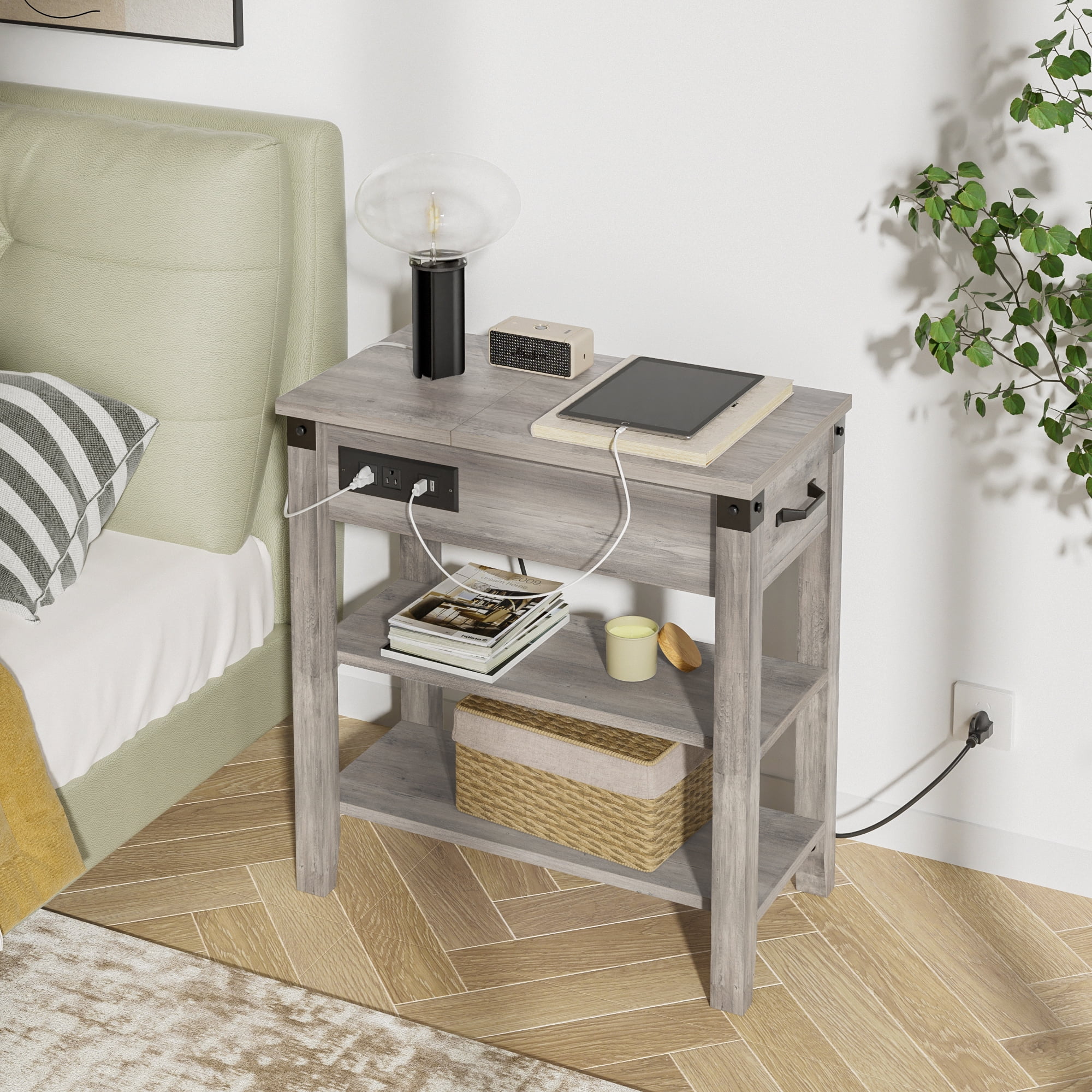 WhizMax End Table with Charging Station, 3-Tier Narrow Side Table with Drawer and Storage End Table Wood Farmhouse Bed Side Table/Night Stand for Living Room Bedroom Office (Rustic Grey)