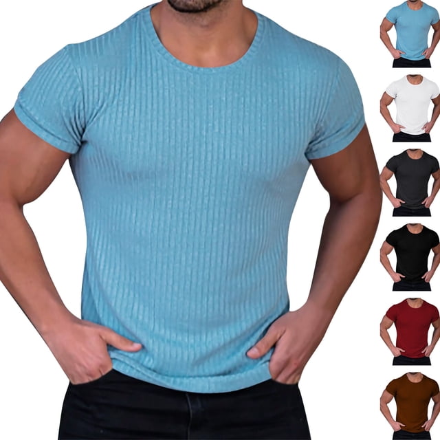 Txeol Mens Short Sleeve Ribbed Shirts Solid Color Round Neck T Shirts Slim Fit Bodybuilding Workout Muscle Tees,Light Blue,M