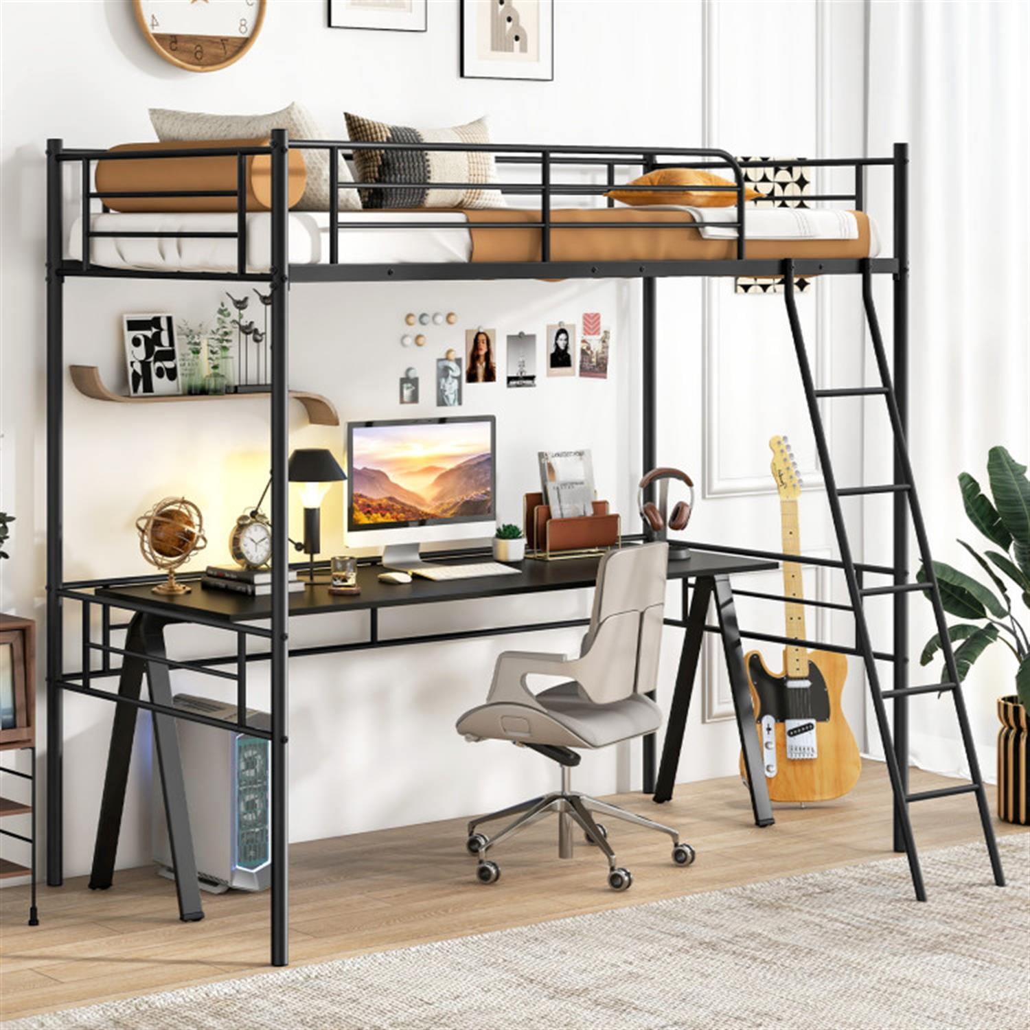 Demi Bonn Twin Size Loft Bed Metal Bed Frame with Ladder and Guardrails for Teens, Black