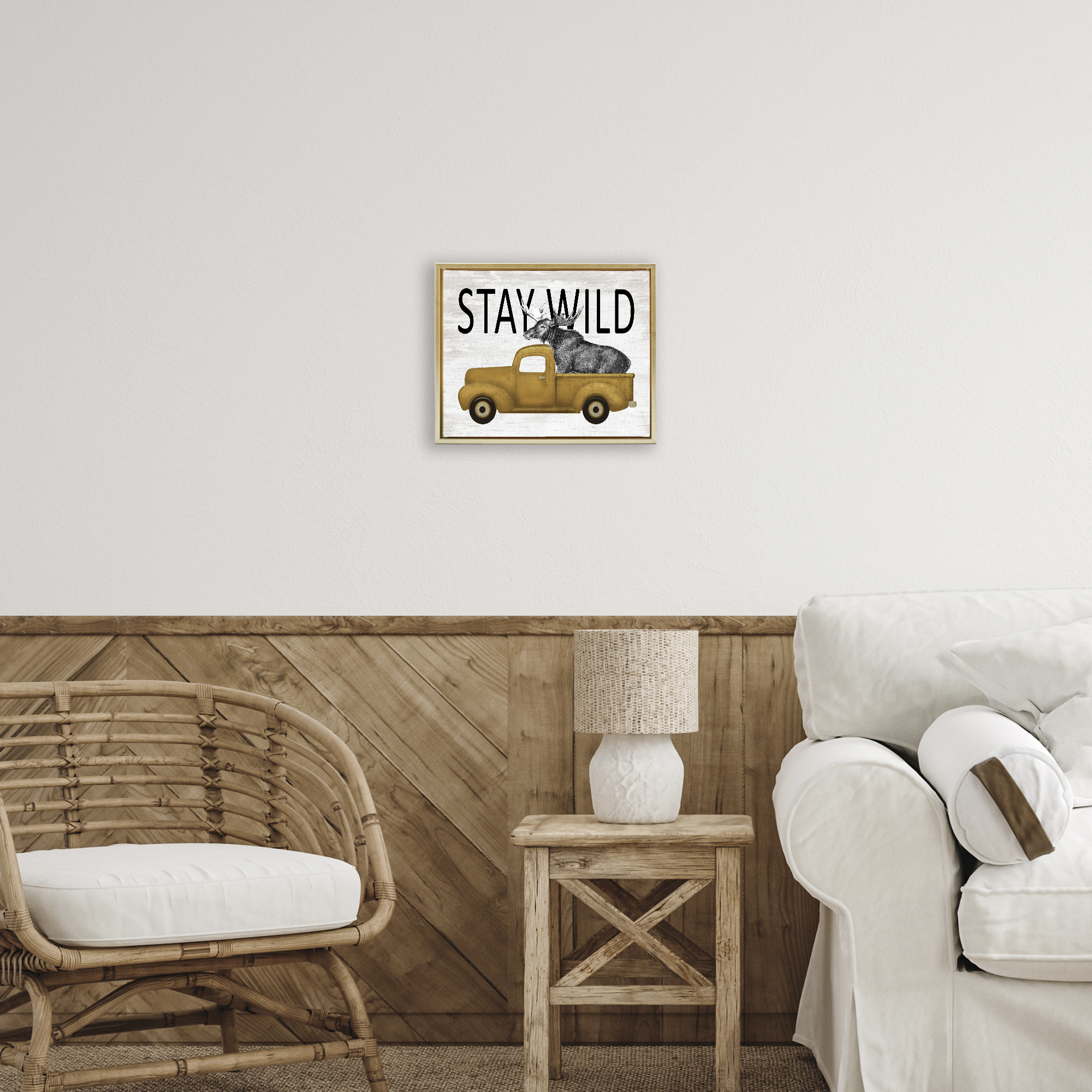 Stay Wild Moose Truck Gold Framed Floater Canvas Wall Art, design by Lettered and Lined