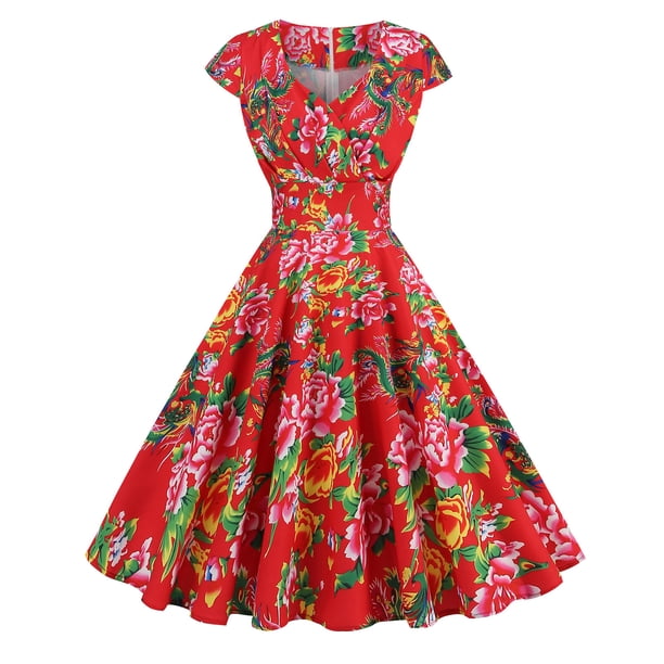 WILLBEST Vestidos Casuales para Mujer Verano Vestido de Fiesta Informal con Cuello En V y Manga Corta de Los Años 50 para Mujer Mediana