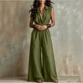 thumbnail image 4 of Costeam Womens Sleeveless Collared V Neck Full Length Jumpsuit Dual Side Slip Pockets Drawstring Cinched Elastic High Waist Lightweight Flowey Wide Leg One Piece Casual Outfit, 4 of 7