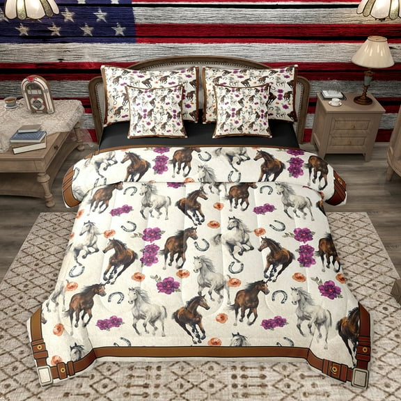 Homewish Western Horse Animal Twin Bedding Sets 7-Piece for Teen, Floral Flower Bedding Comforter Set, Vintage Rustic Farmhouse Reversible Sheet Sets, Microfiber Bedroom Decor