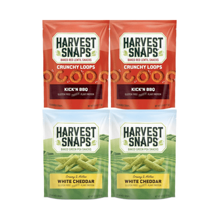 Harvest Snaps Veggie Chips 4 Pack – 2 Bags Kick’n BBQ 2.5oz & 2 Bags White Cheddar 3oz – Baked Plant-Based Snack, Gluten Free, 4 Count
