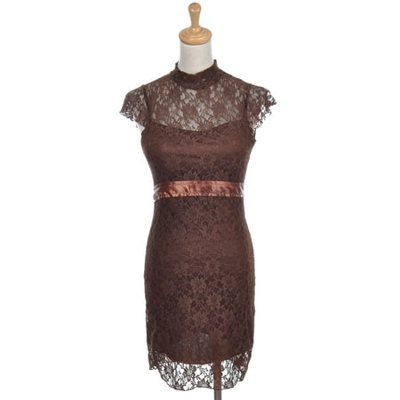 - Womens Brown Floral Lace Mock Neck Short Sleeve Satin Belt Dress