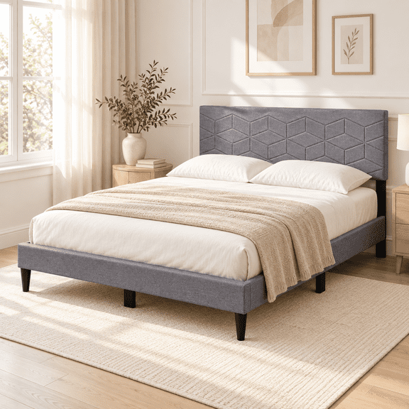 Furnibear Full Size Bed Frame with Headboard, Modern Platform Bed with Linen Upholstered Headboard and Slat Support, Light Gray