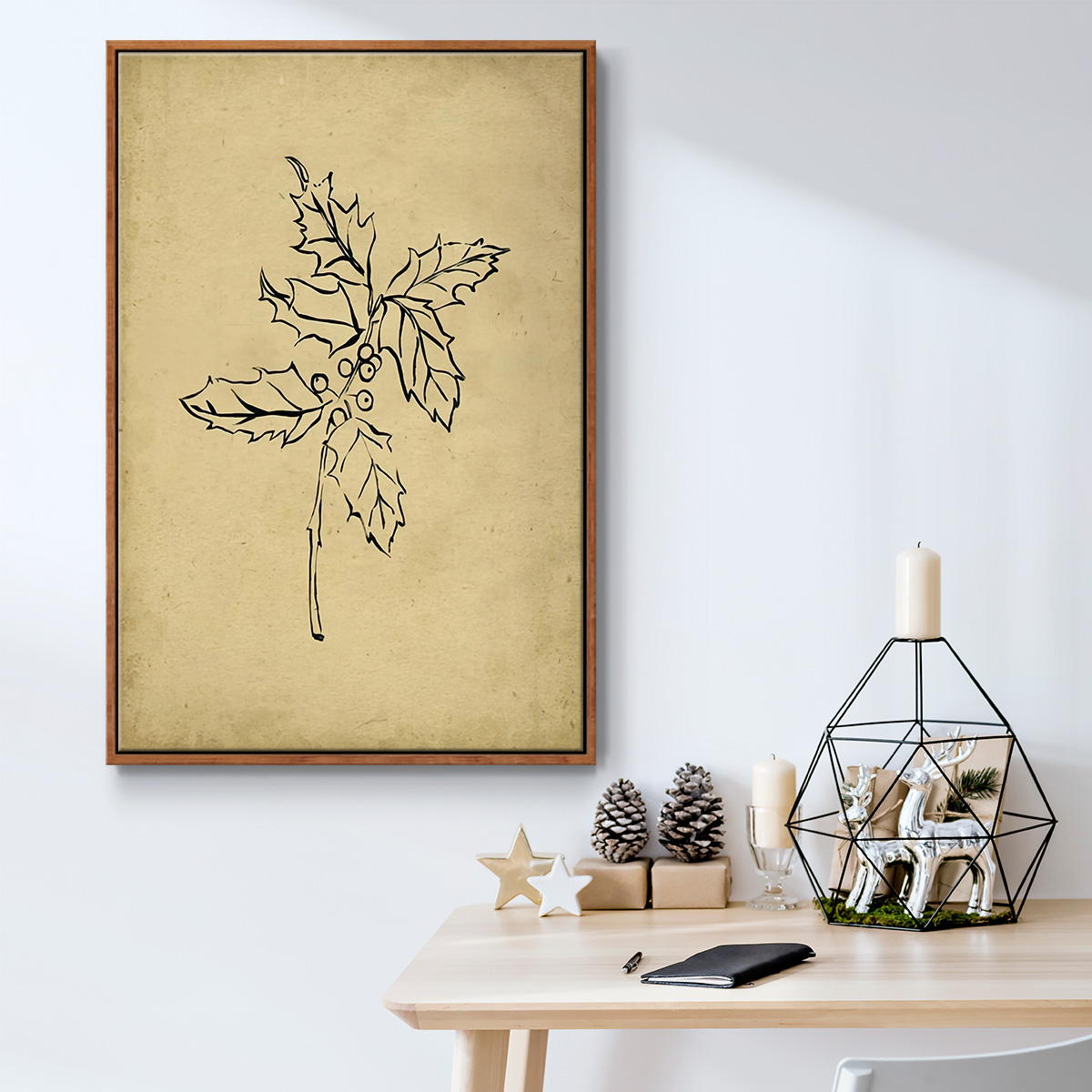 Holly Branch I - Framed Gallery Wrapped Holiday Canvas - 27 x 41 - Rosewood Frame