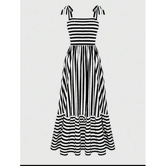 Striped Tie-Shoulder Maxi Dress (S, Black)