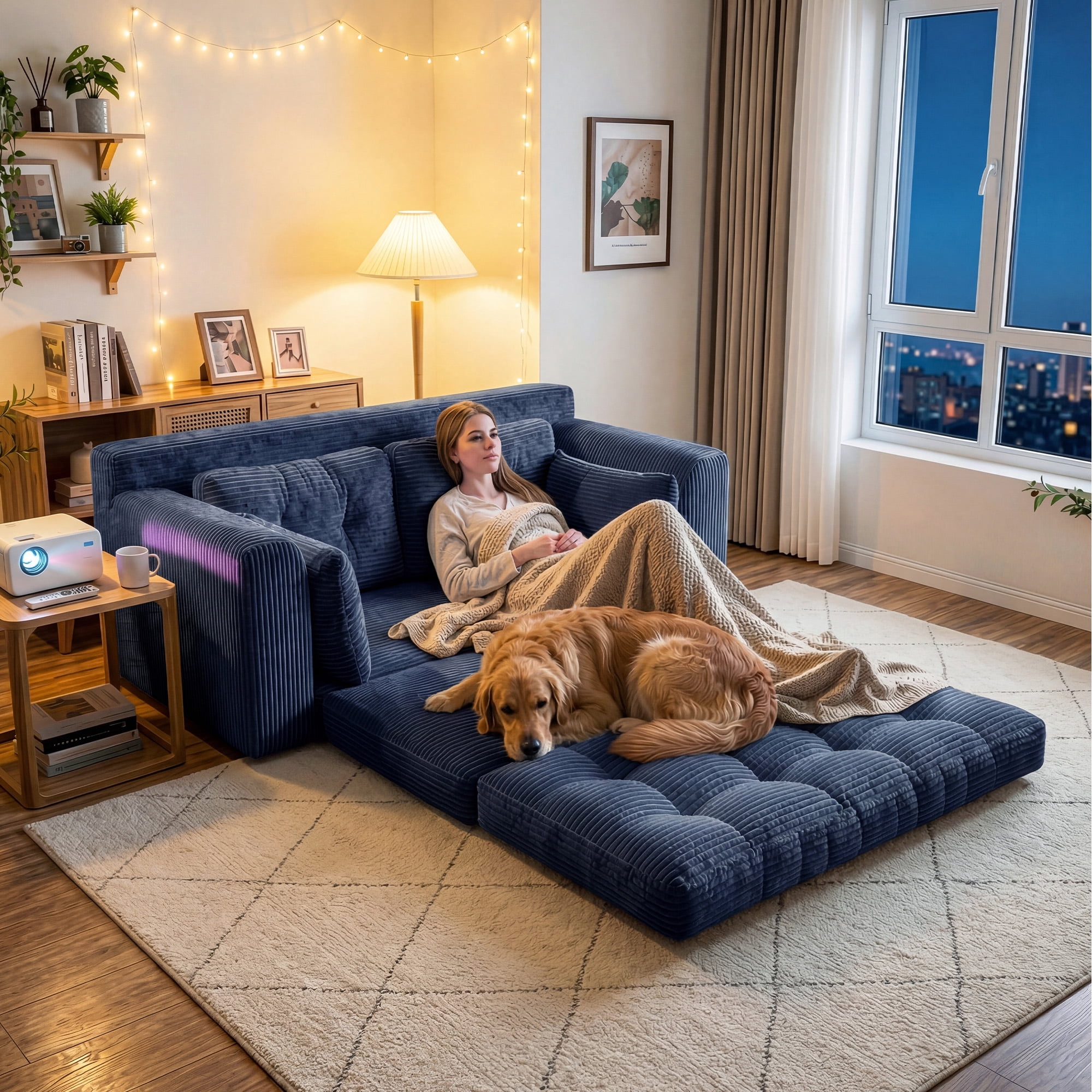 EnHomee 58.6" Foldable Sofa for Adult Loveseat Sofa Couch with Deep Seat Adjustable Floor Sofa Couch with 4 Pillows,Navy Blue