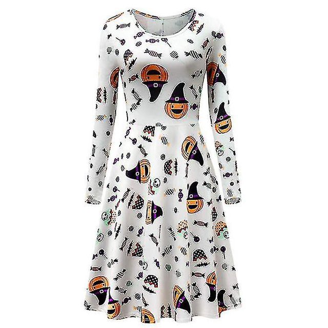 Vestido acampanado de manga larga estampado con cuello redondo de Halloween para mujer Tkl S