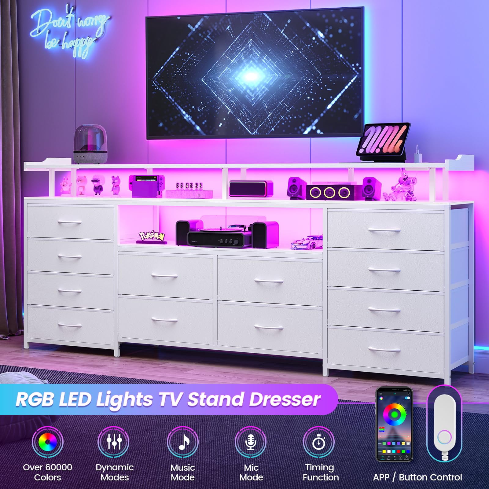 White TV Console for Bedroom,TV Stand Dresser with 12 Drawers,Entertainment Center with LED Lights & Power Outlets, 63" Large LED TV Stand for 65 inch TV