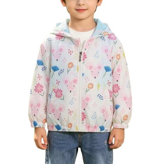 Pretxorve Kids Girls Boys Jacket Graphic Print Zip Up Hooded Windbreaker with Pockets Outerwear Sizes 1-9Y