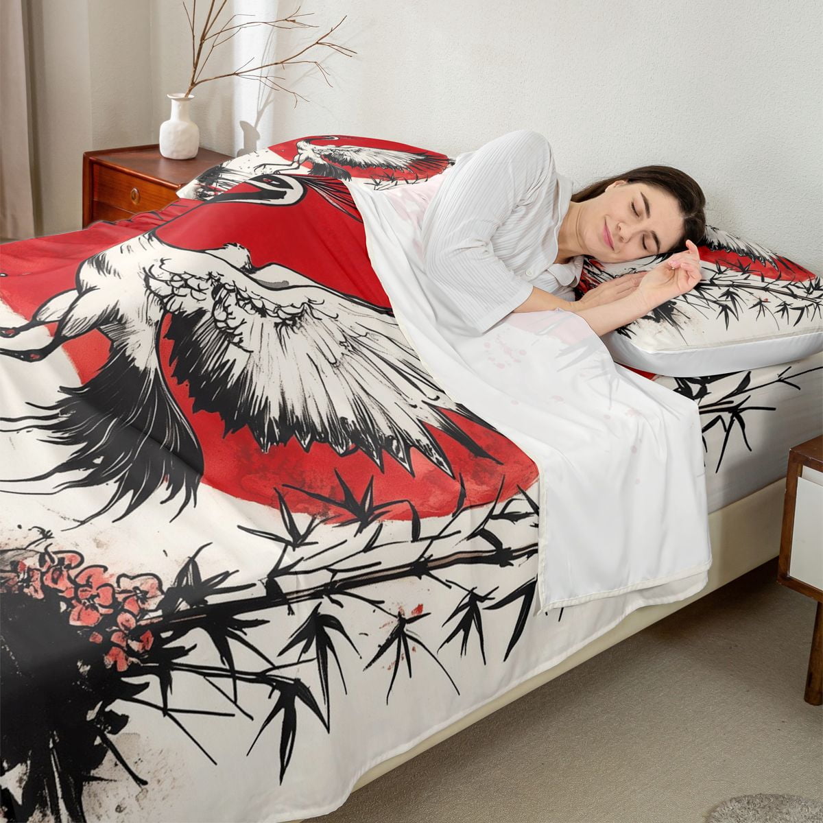 Manfei Ink Red Sun Crane Queen Sheet Sets for Girls, Bamboo Water Bed Set, Black Red White 4-Piece, 1 Flat Sheet, 1 Fitted Sheet and 2 Pillowcases