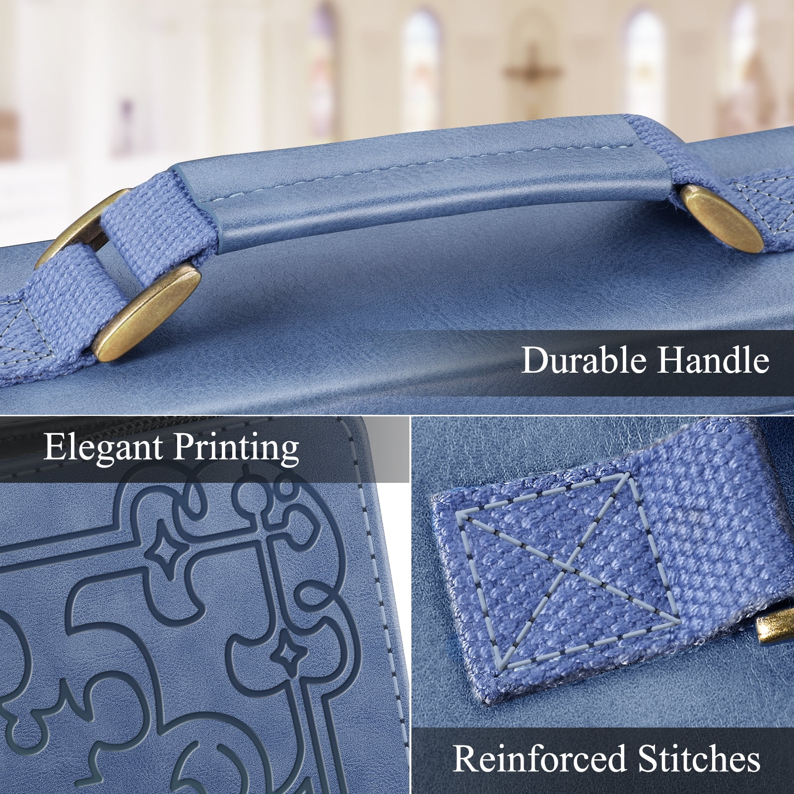 Classic Bible Cover, FINPAC Extra Large PU Leather Carrying Book Case Church Bag Bible Protective with Handle, Perfect Gift for Men, Women, Father, Mother, Friends [Trust in The Lord], Blue