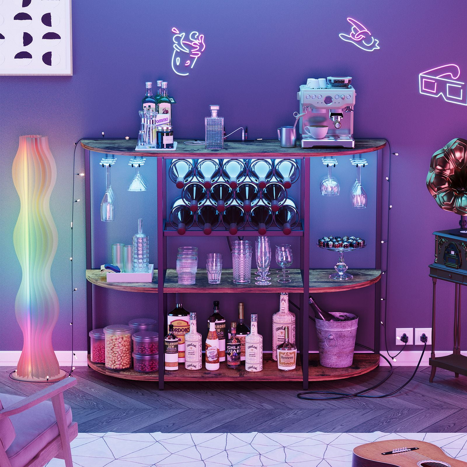 Homall Wine Bar Cabinet with RGB LED Lights Outlet, Bar Table Home Mini Bar Coffee Bar with Power Strip , Kitchen &Room Wine Rack with Mobile App Control, Brown