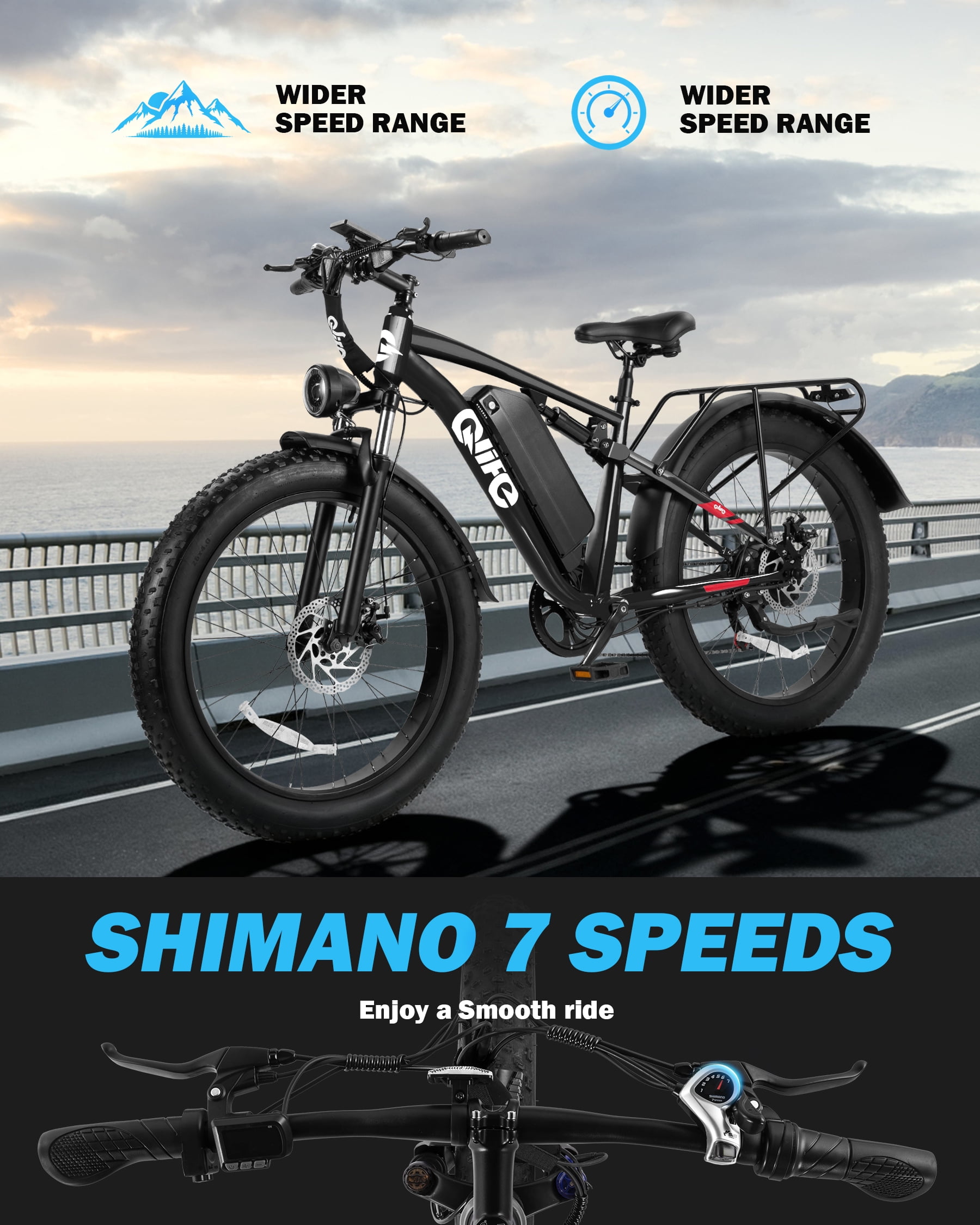 Qlife Racer Plus Electric Bike for Adults Peak 749W Motor Up to 19.8MPH, 4.0 Fat Tire Electric Mountain Bicycle with 48V 15.6AH Battery, 7 Speed Full Suspension Ebike(Black)
