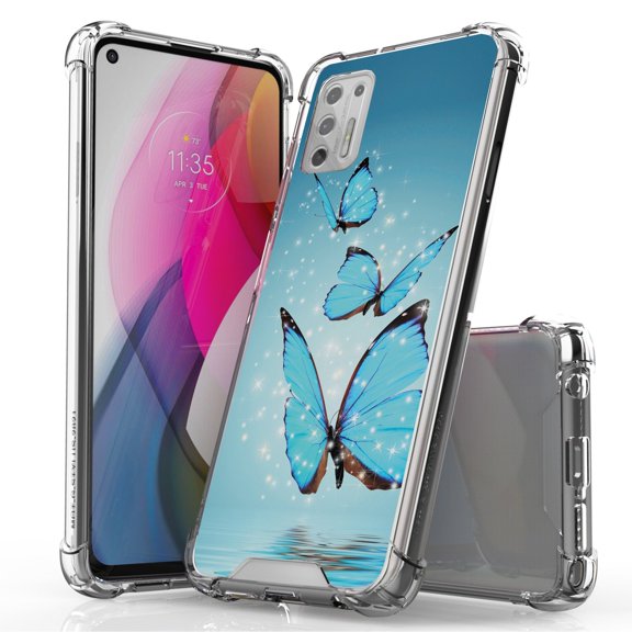 ANJ Hybrid Slim Hard Back Cover Case Flexible Bumper for Motorola Moto G Stylus 2021 - Blue Butterflies