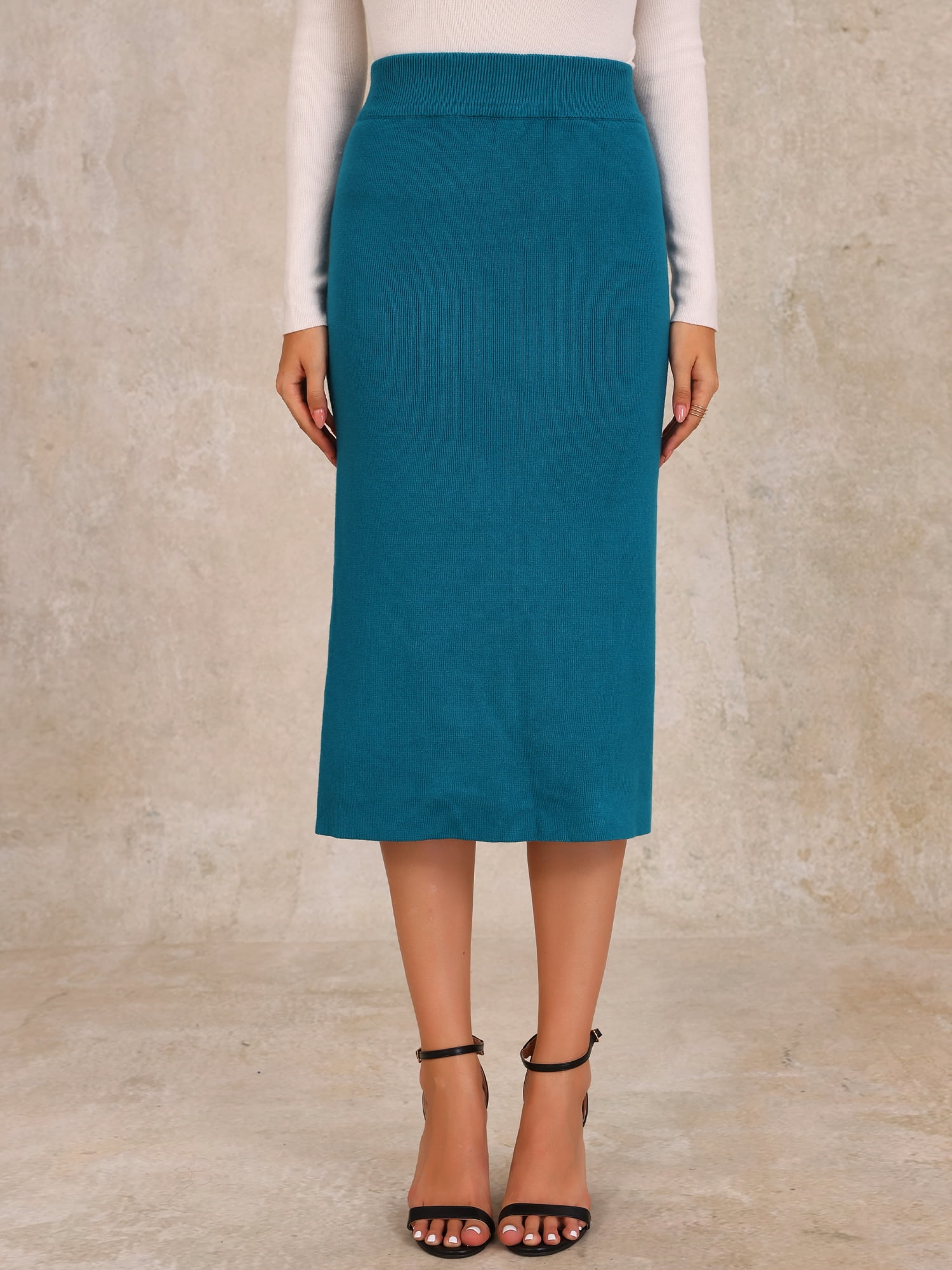 DARING DIVA Women's Ribbed Knit Stretchy Slit Midi Skirt L Peacock Blue