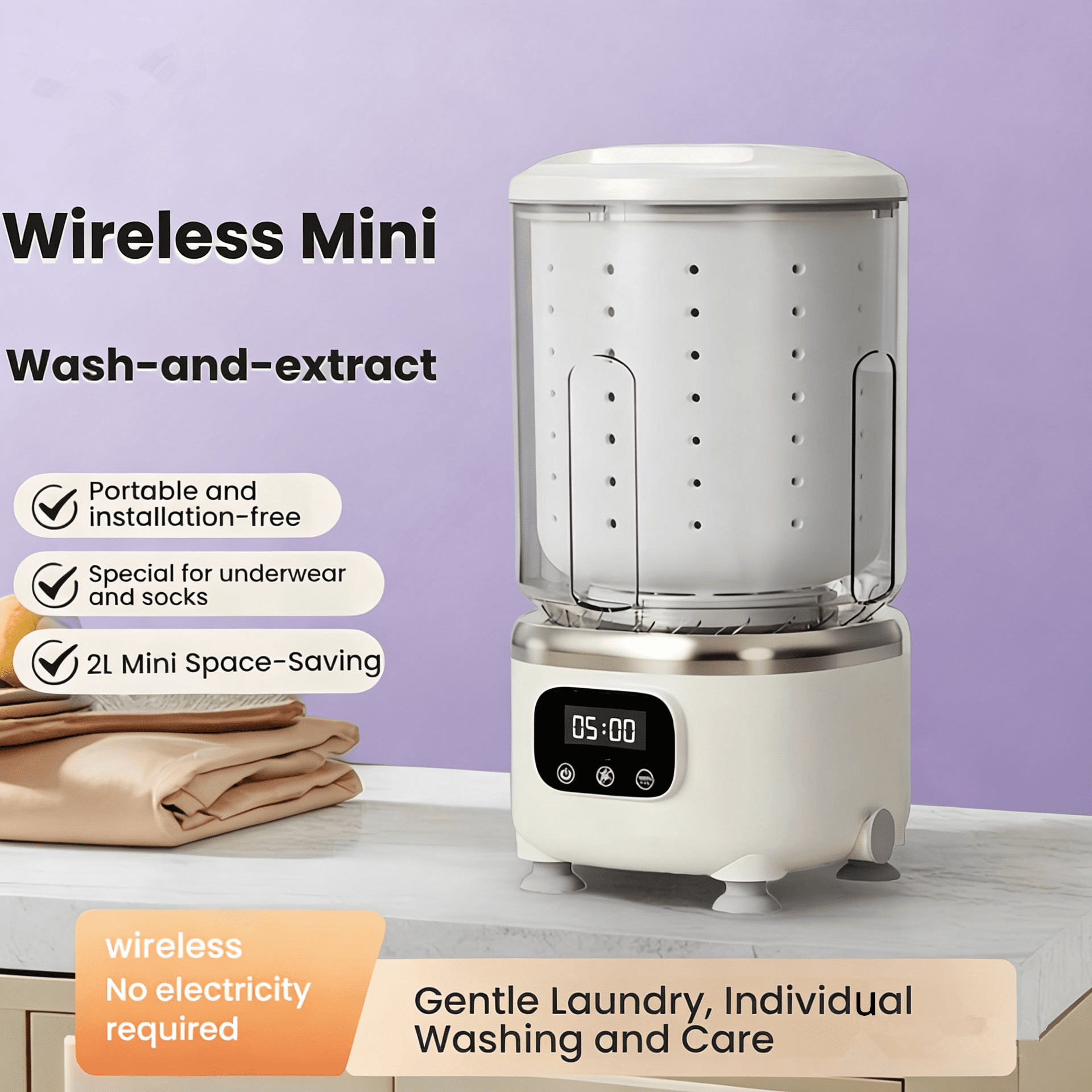 Mini Washing Machine 2L Portable Washer and Dryer for Travel and Dormitory Cordless Underwear and Socks Washing and Drying