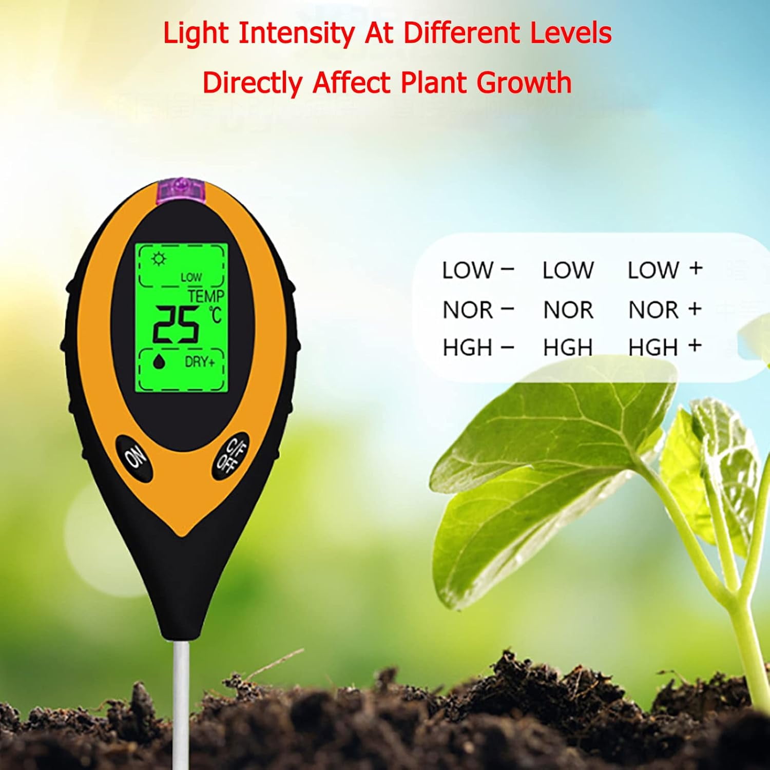 Soil Moisture Meter 4-in-1 Soil Tester with Light, Humidity, PH, Temperature for Garden, Lawn, Farm - Metal Probe, LED Display - Indoor & Outdoor