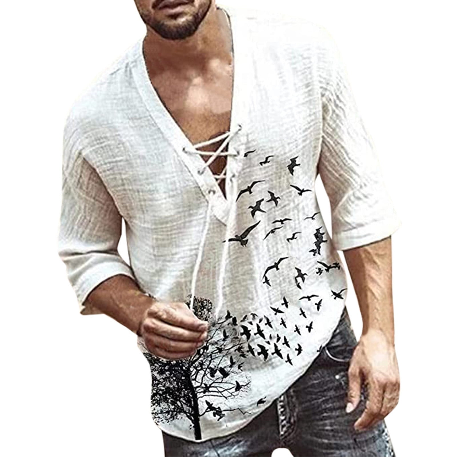 Men Shirts Vintage Shirt Casual Summer Long Sleeve Beach Fashion  Relaxed-fit Hawaiian Leisure Oversize Tops Camisa V-Neck Boho Style Top For  Office Work 