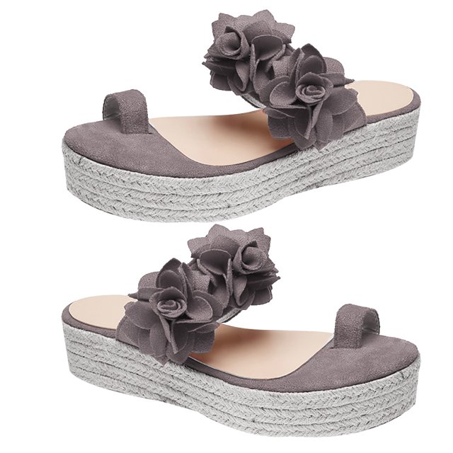 Funie Fashion Women Flowers Decor Sandals Toe Loop Flip Flops Slippers Platform Shoes