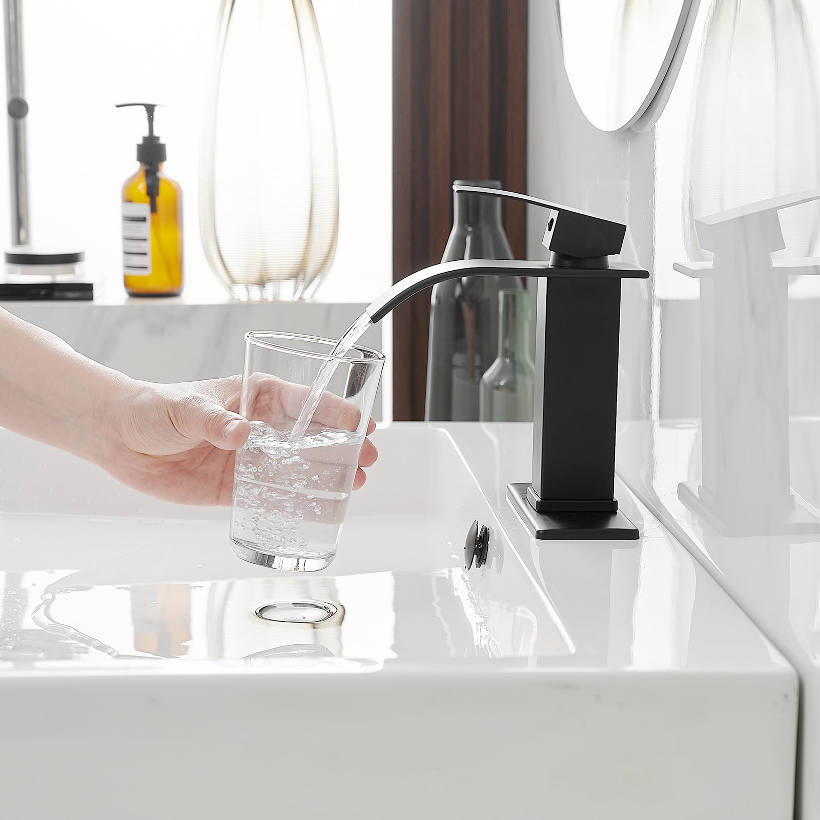 Open Box Waterfall Single Handle Single Hole Low-Arc Bathroom Faucet Bathroom Drip-Free Vanity Sink Faucet in Matte Black