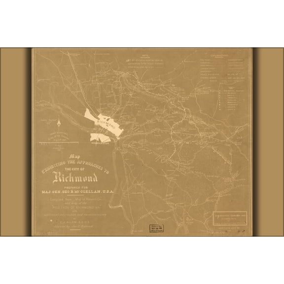 24"x36" Gallery Poster, gen Mcclellans Map of Richmond virginia area 1862
