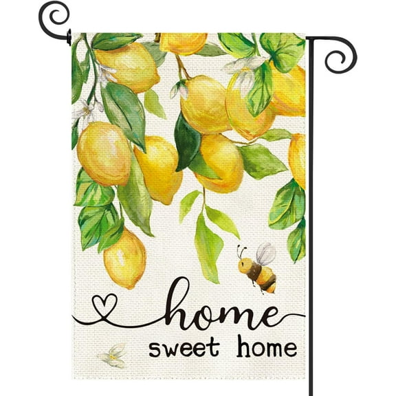 Summer Garden Flag Lemon Bee Floral Home Sweet Home Small Yard Flag 12.5 X 18 Inch Double Sided Burlap Summer Welcome Flag for Outside Outdoor Decor