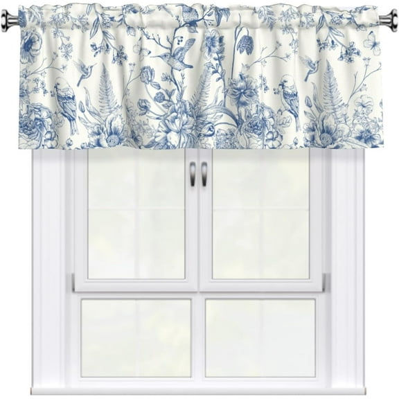 Blue Floral Valance Curtain 54 x 18 Inch Chinoiserie Flowers Vintage Toile Rod Pocket Top Treatment for Windows, Living Room Bedroom Kitchen Cafe Farmhouse Rustic Country Decor