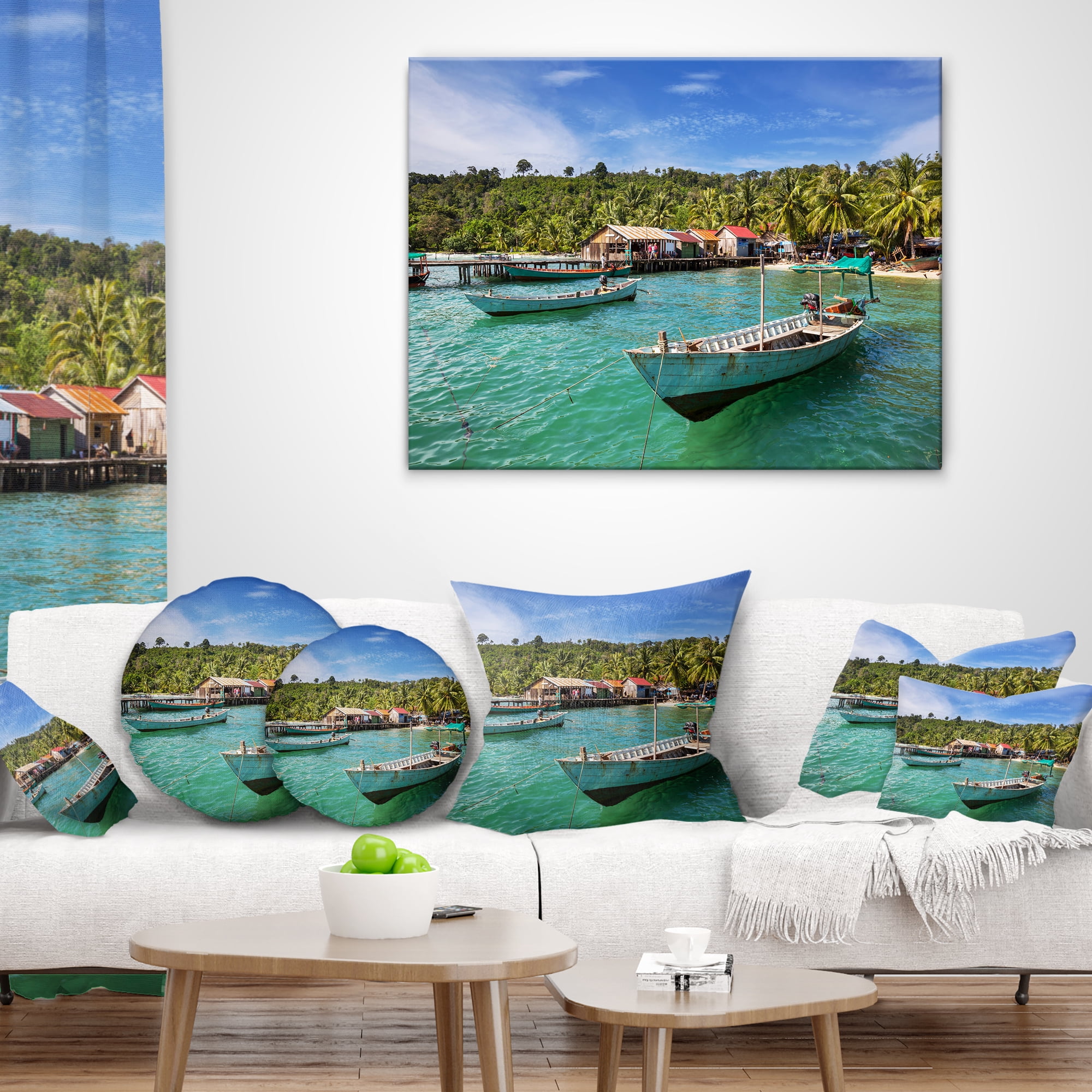 Designart Fishing Boats in Kep Cambodia - Seashore Throw Pillow - 16x16