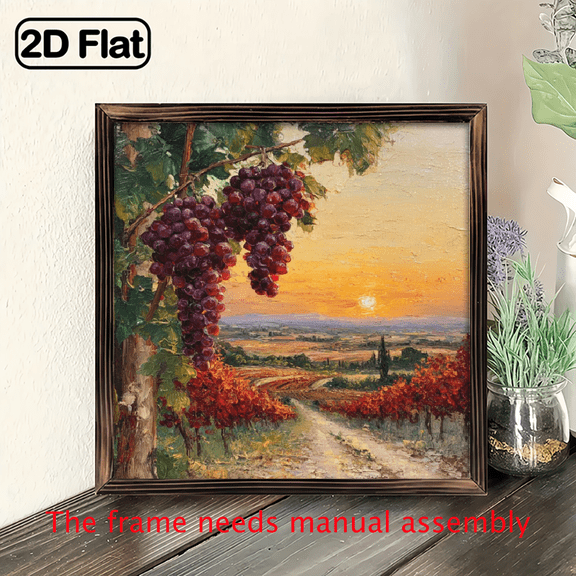2D Flat, Rustic French Vineyard Landscape Wall Art - 8x8 Inch Framed Wood Painting with Grapevines Sunset, Wooden Frame, Horizontal Hanging Decor for Bedroom, Living Room, Office - Winter Seasonal