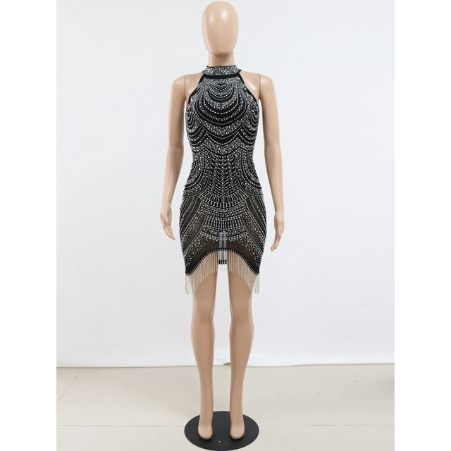 Kricesseen Sexy Glitter Rhinestone Crystal Tassel Hem Mini Dress Summer Women Off The Shoulder Bodycon Night Clubwear DressM Gao Jinjia LED