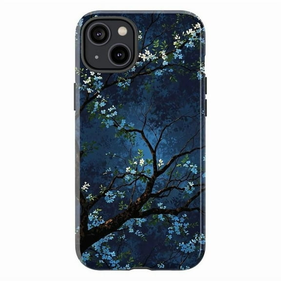 Moonlit Cherry Blossom Tree iPhone Case, Tranquil Blue Night Floral Cover for iPhone 16 15 14 13 12 11 Pro Max