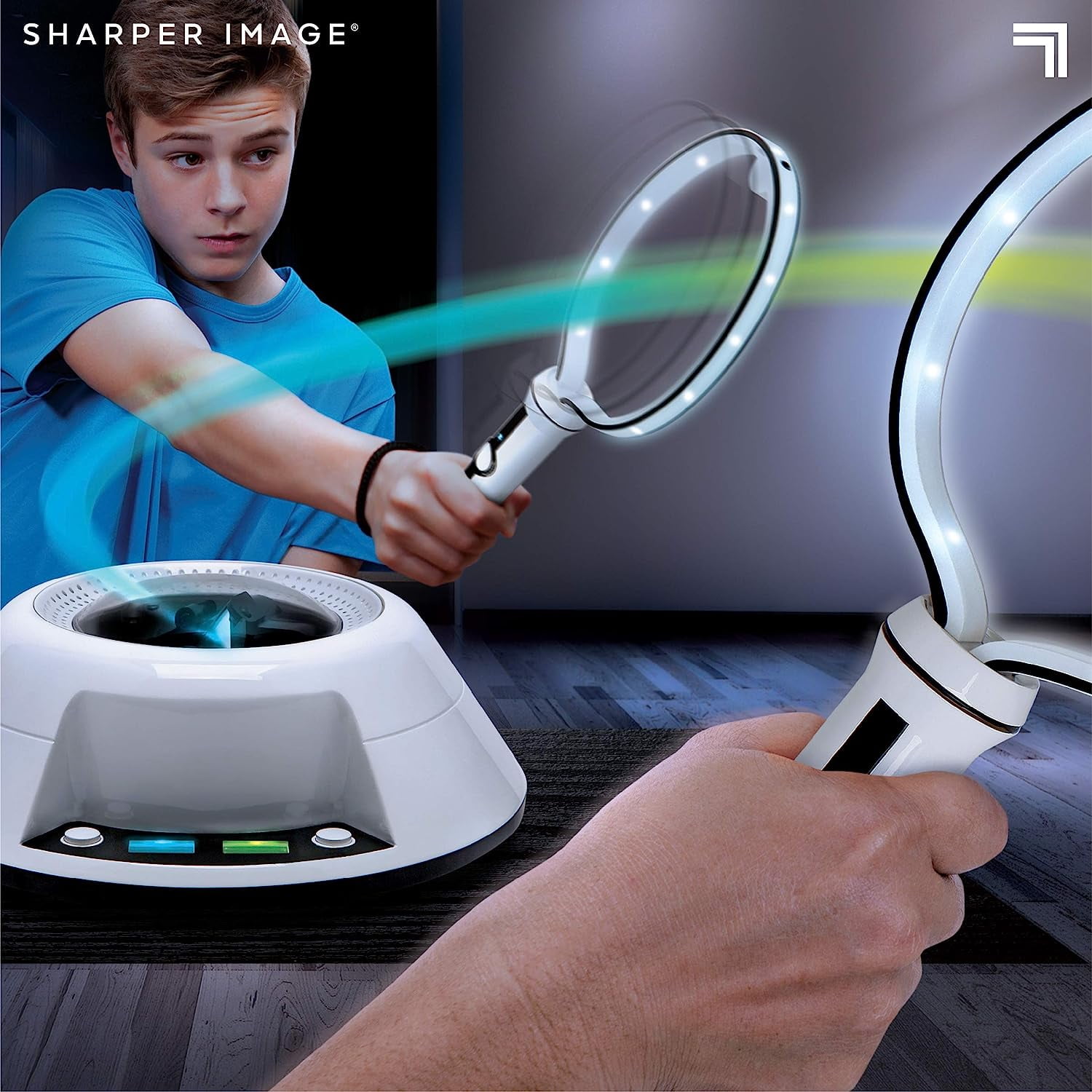 SHARPER IMAGE Virtual Space Ping Pong Game Set with Infrared Technology, Projected Light Beam Ball, IR Emitter Rackets, Integrated Sound Effects, Solo/Two Player Action, Great Gift For Children