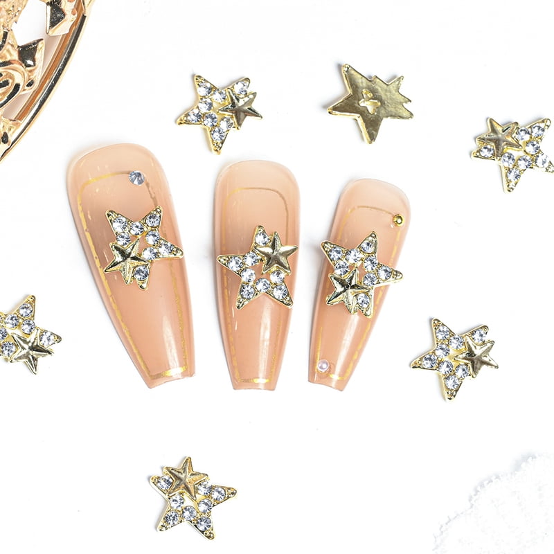 10pcs 3D Silver Pentagram Star Nail Art Alloy Rhinestone Luxury Metal Star Charms Nails Jewelry Gem Manicure Nail Art Decoration