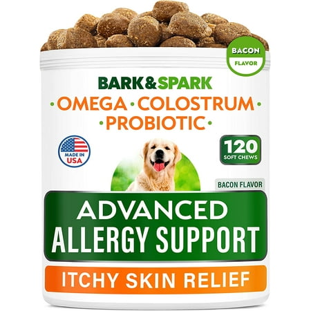 Advanced Allergy & Itch Relief Dog Chews - Fish Oil Omega 3 - Probiotics - Itchy Skin Relief - Seasonal Allergies - Anti-Itch & Hot Spots - Immune Supplement - Made in USA - 120 Bacon Flavor Treats
