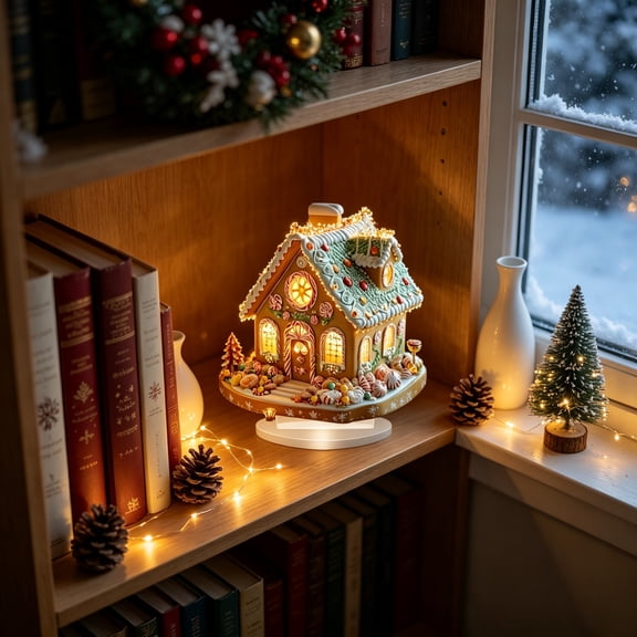 Christmas Tabletop Decor, Acrylic Gingerbread House Standing Decoration with Holiday Details for Desk Bookshelf Mantel and Holiday Table