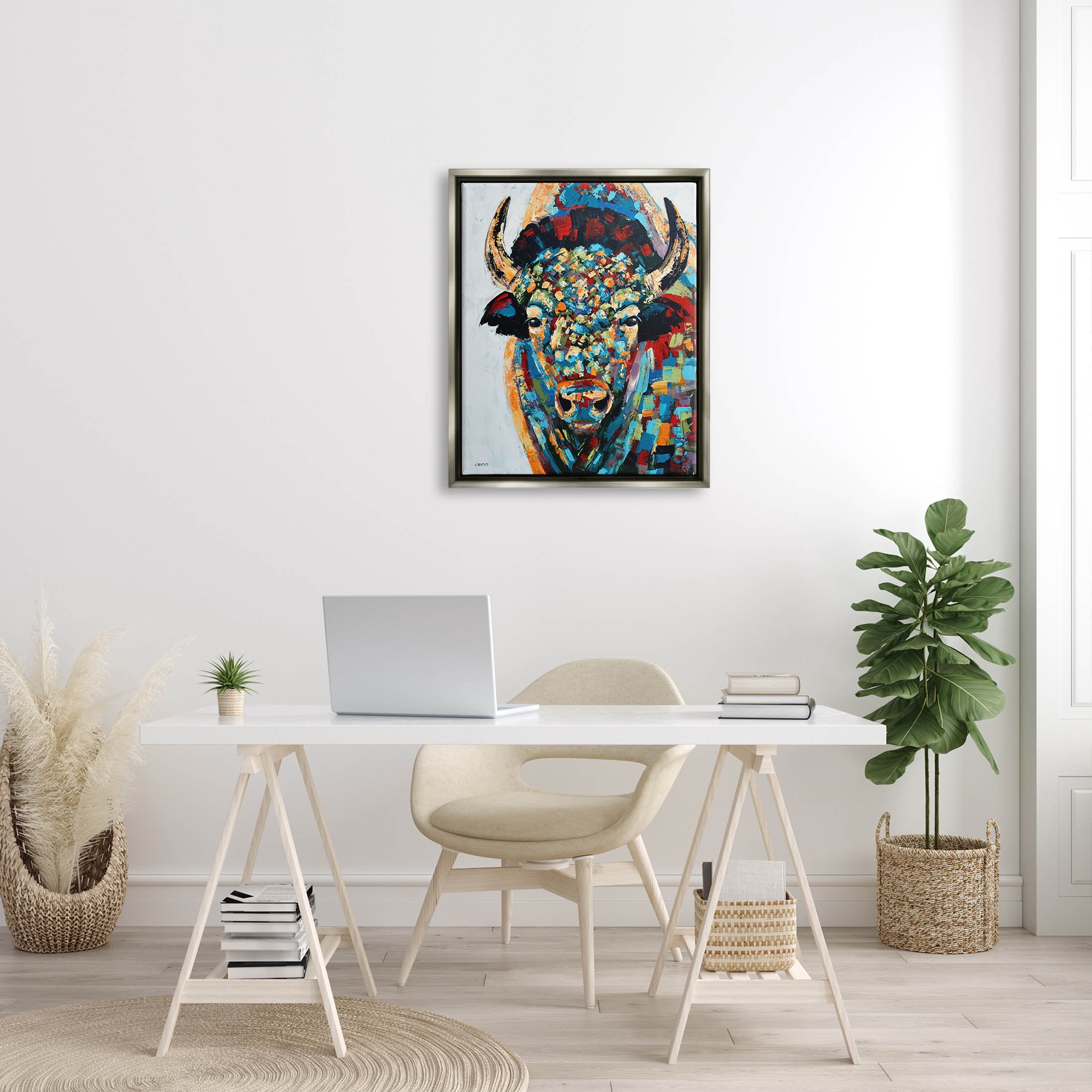 Abstract Bison Kaleidoscopic Strokes Animals & Insects Painting Luster Gray Framed Art Print Wall Art