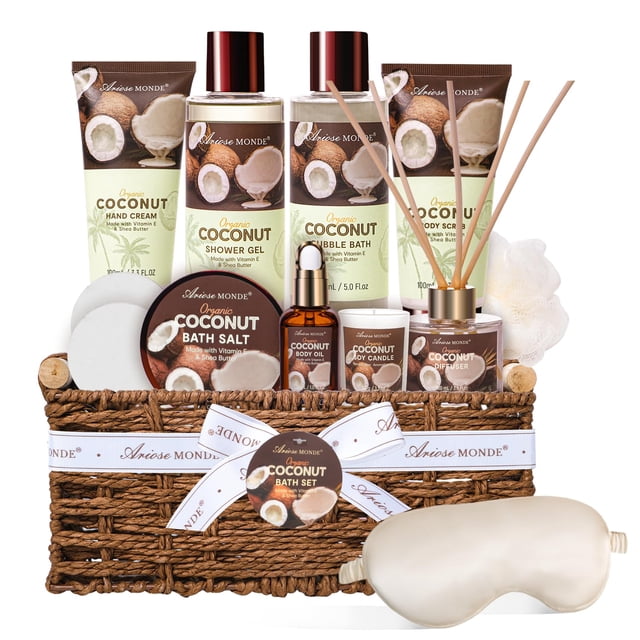 Set de baño de coco ArioseMonde con cesta de regalo Spa para mujer, 13 unidades