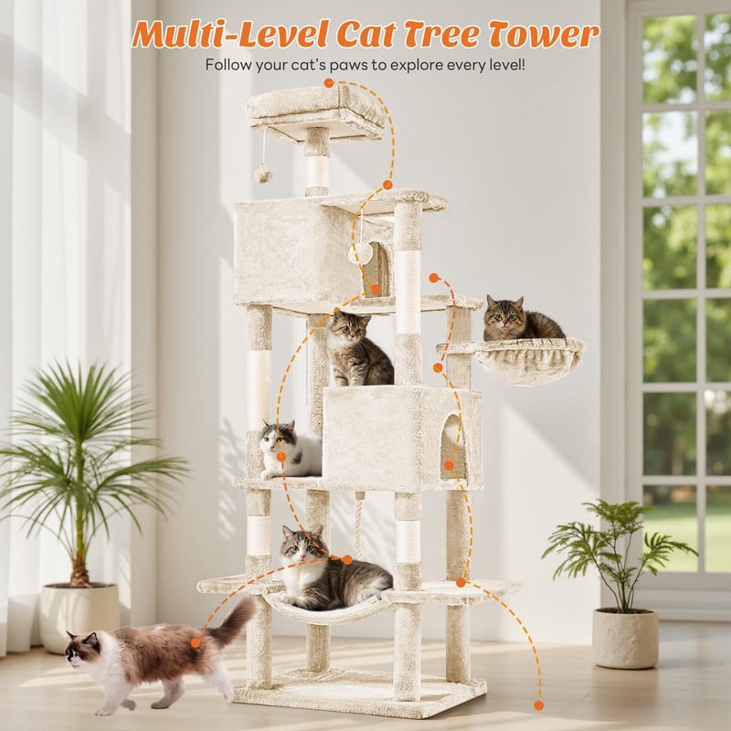 Kelno 66" Cat Tree Tower Durable Cat Climbing Tower with Sisal Scratching Posts Cozy Condo Hammock and Platforms, Beige