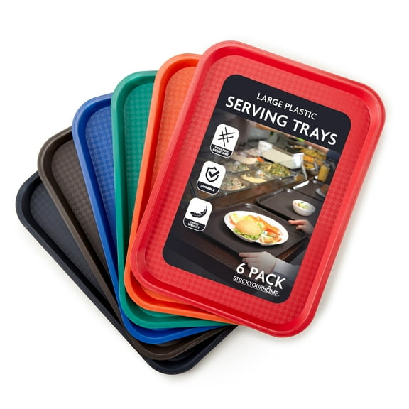 Stock Your Home Large Plastic Serving Trays for Fast Food (Set of 6) 16” x 12” Multicolor Cafeteria Tray for Lunch, Restaurant, Café, Craft Service Carts
