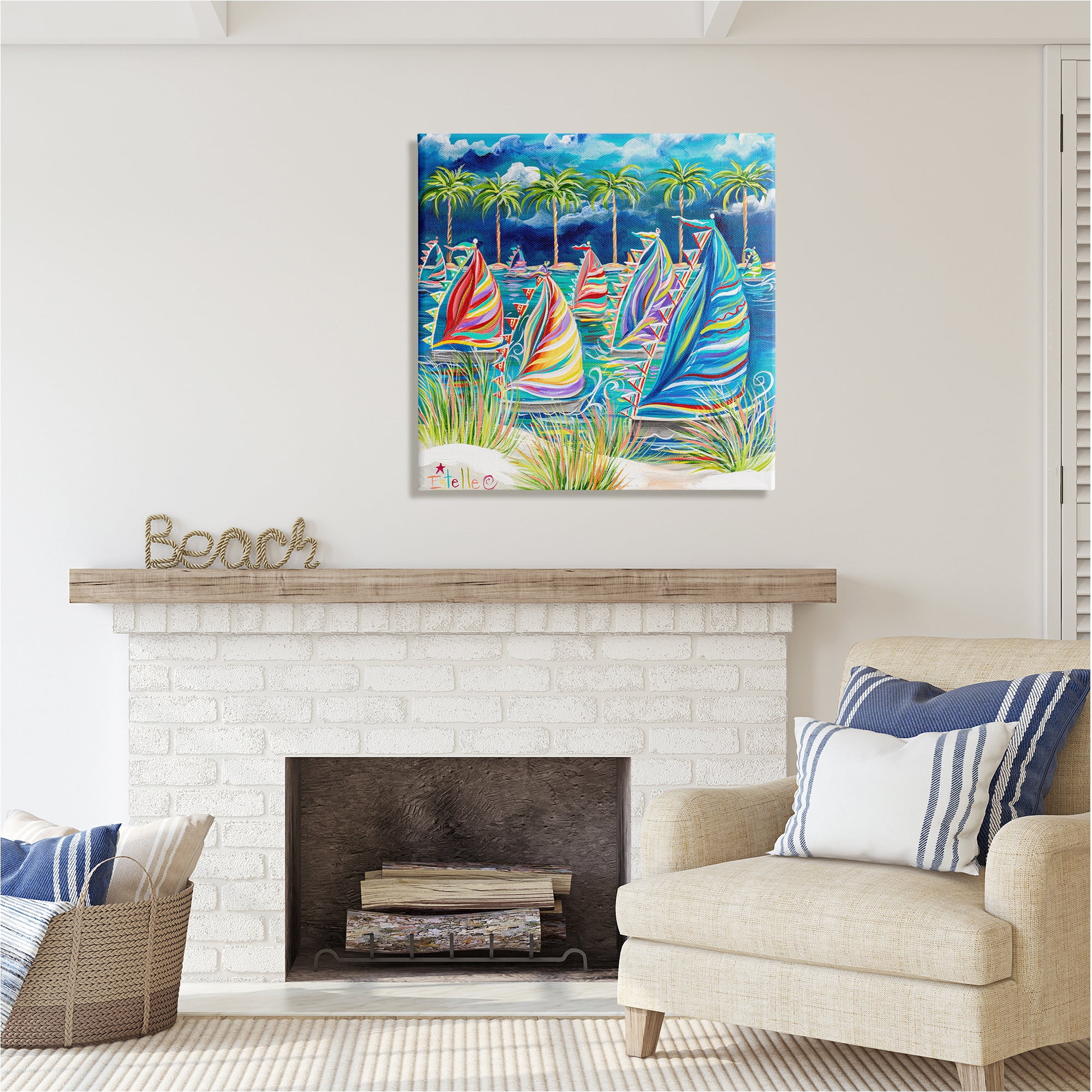Stupell Industries Tropical Patterned Boats Transportation Painting Gallery Wrapped Canvas Art Print Wall Art, 30 x 30